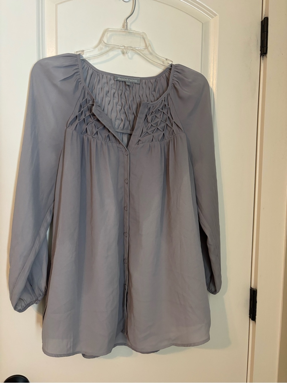 Daniel Rainn Light Gray Smocked Yoke Button-Front Blouse